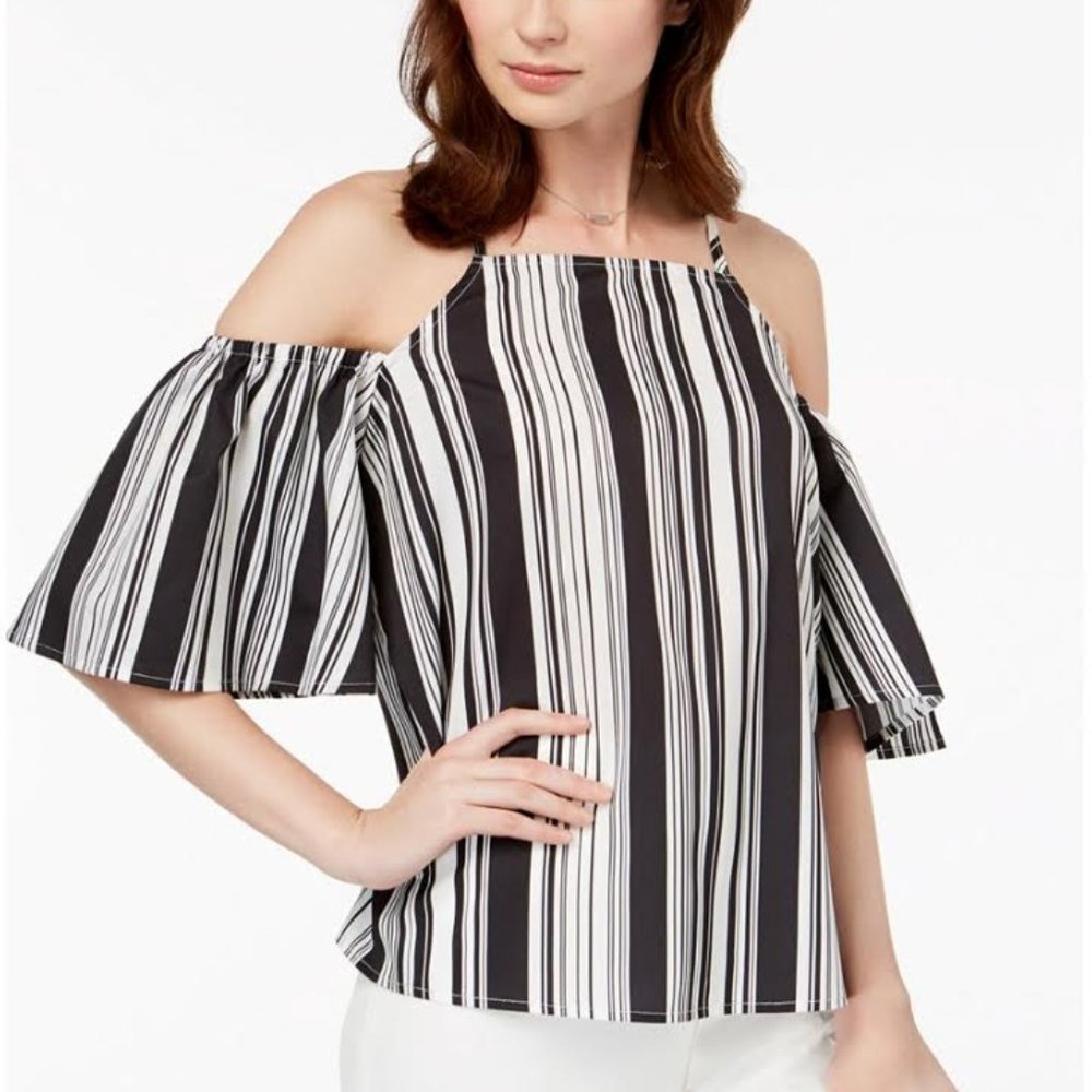 💜 Juniors' Striped Cold-Shoulder Top